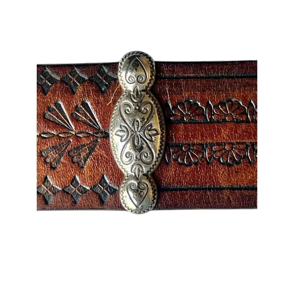 Brighton Leather Belt Floral Embossed Patterns & Silver Tone Buckle 33